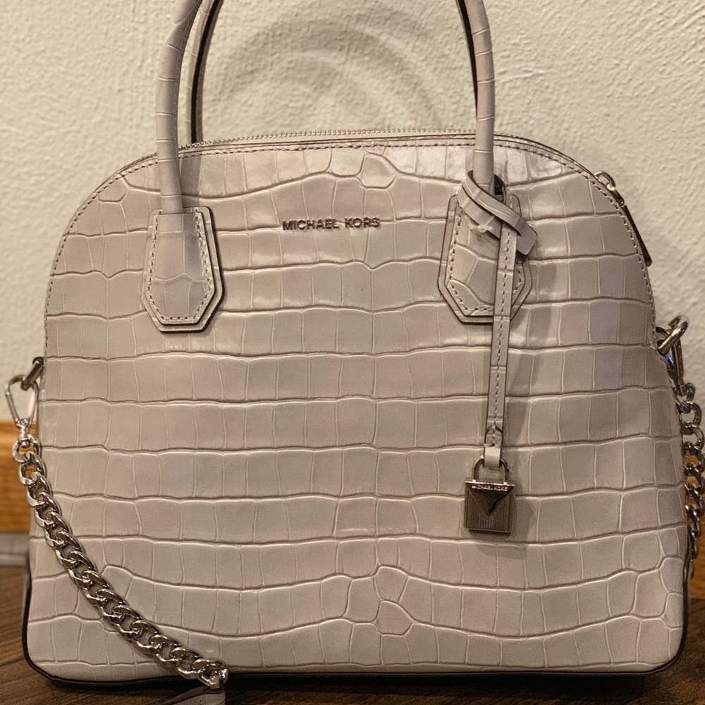 Michael Kors Gray Silver Satchel Bag with Crocodile Texture